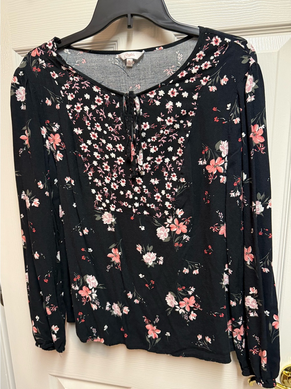 Candie's Black Long-Sleeve Floral Peasant Top with Pink Accents XL